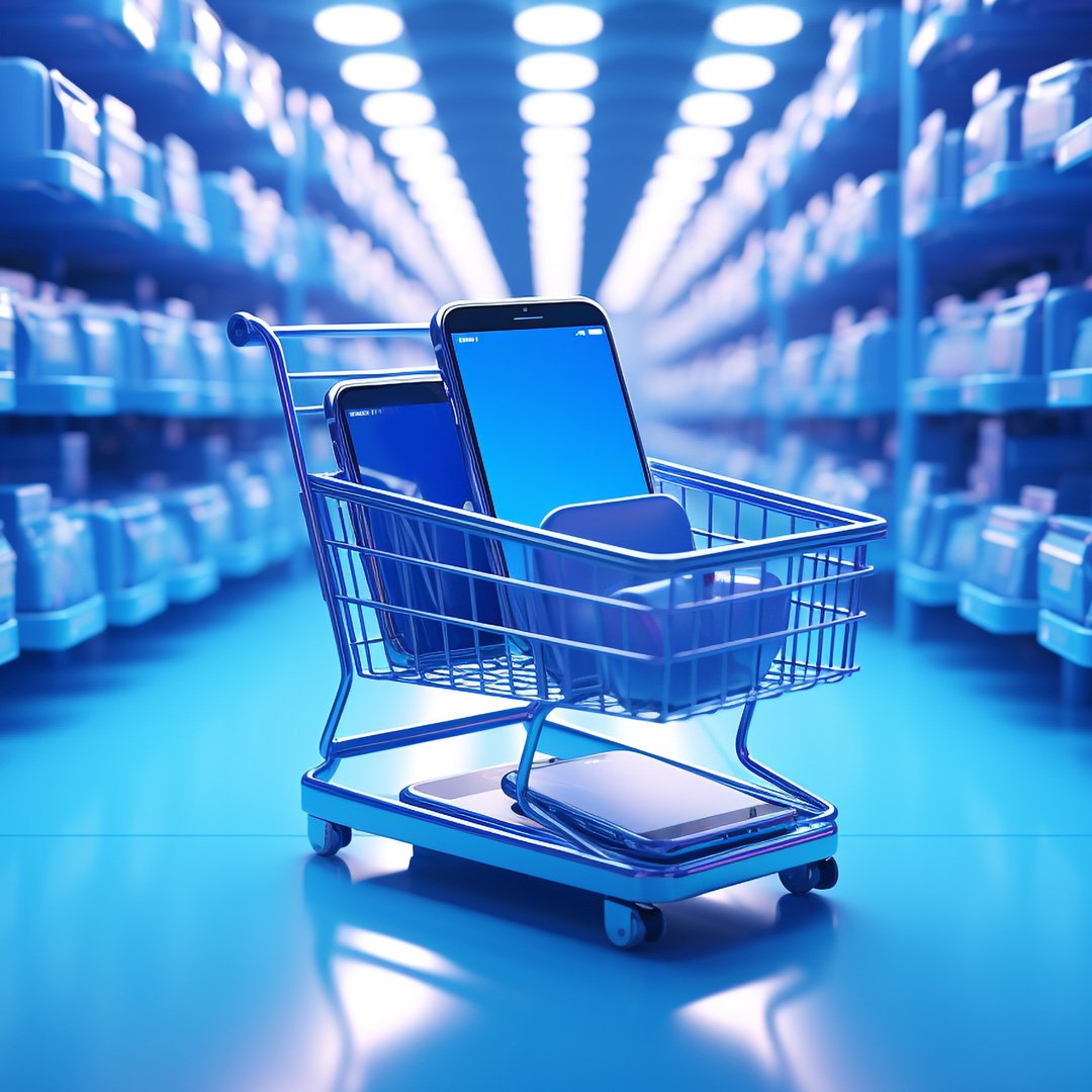 Shopping trolley carrying smartphones in a blue lit warehouse aisle, representing retail channels that all run on connected systems