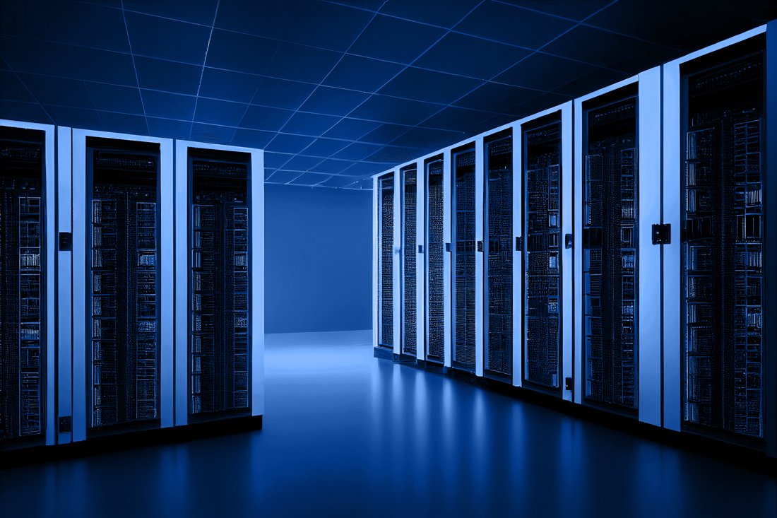 Rows of server racks along a blue-lit data centre aisle, the infrastructure a managed NOC watches