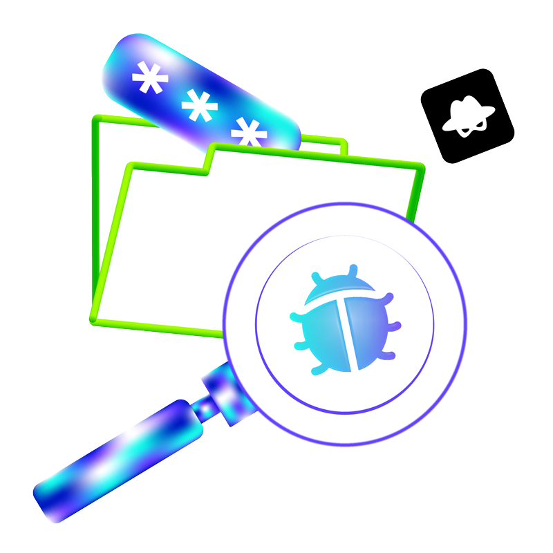 Magnifying glass over a folder revealing a bug icon, representing a vulnerability found in device firmware
