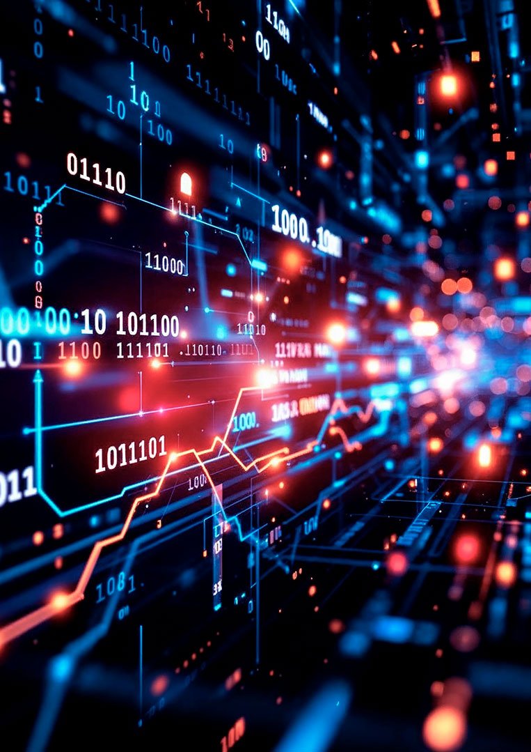 Streams of binary code and data lines rushing across a dark screen, representing systems under a fast-moving ransomware attack