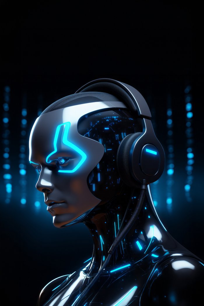 Chrome android head in profile wearing a headset, with blue light tracing its face and neck against a dark background