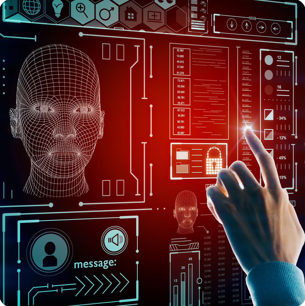 Hand touching a red investigation screen showing a wireframe face, file records and a padlock, representing evidence being examined